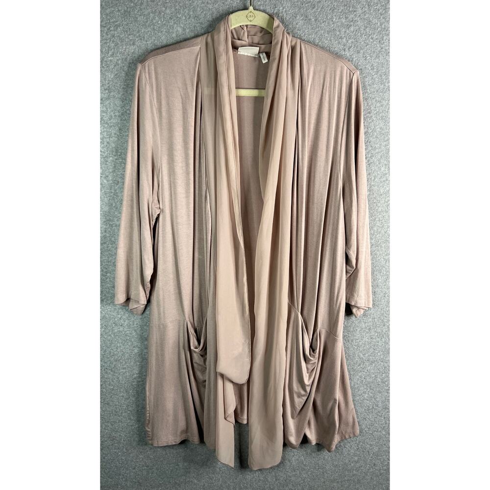 LOGO Lori Goldstein Blush Pink Long Open Front Cardigan Top Sash Womens 1X